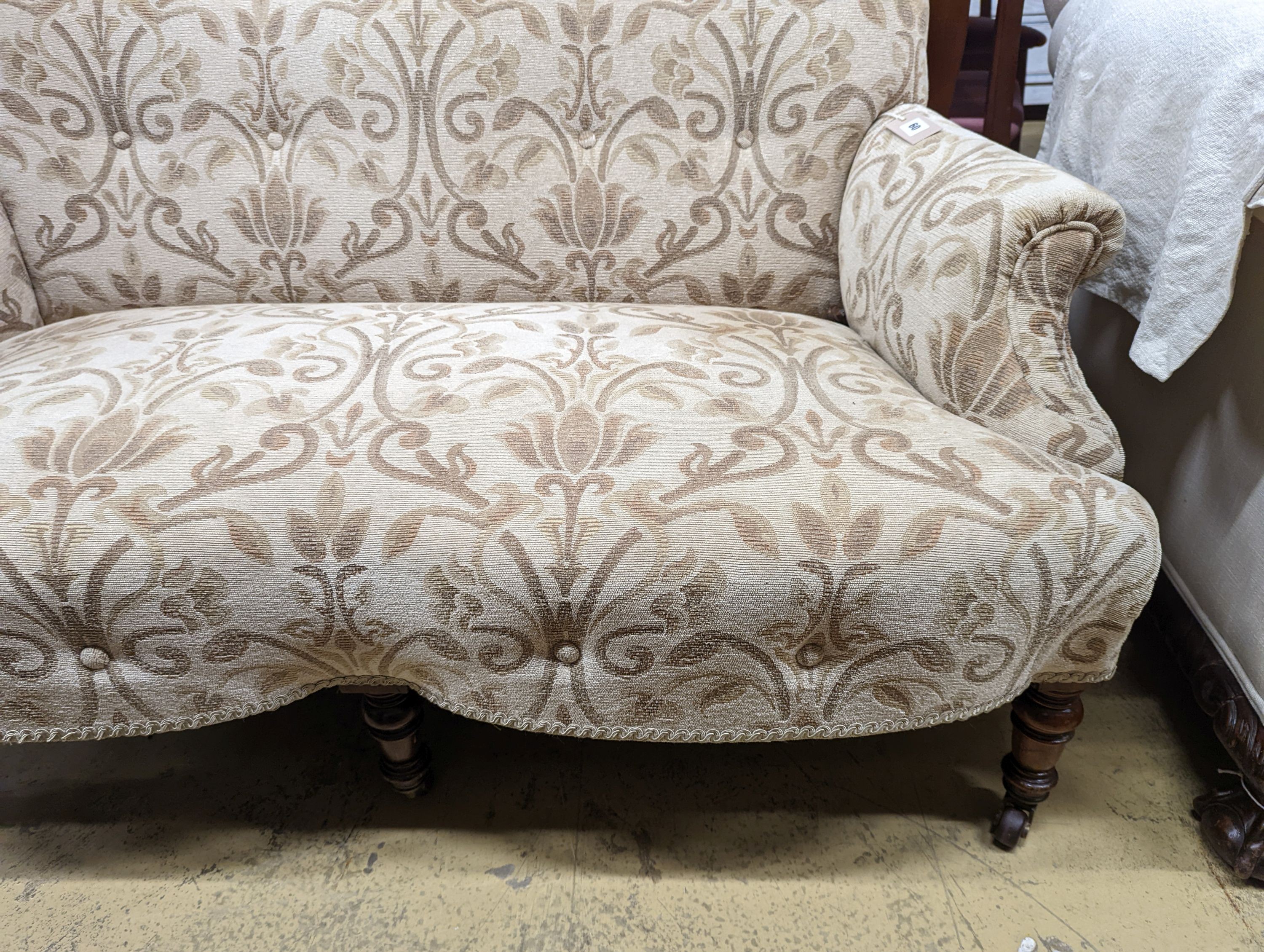 A 19th century settee, stamped Gillows. W-133cm, D-70cm, H-70cm.